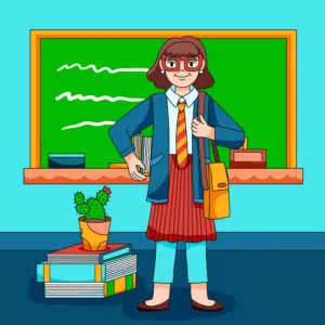 A female school teacher in front of the blackboard