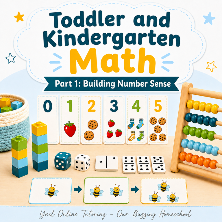 Toddler and kindergarten number sense activities with number cards, blocks, dice, dominoes, bees, and an abacus