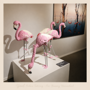 Pink LEGO flamingo sculptures at Art of the Brick in Toronto