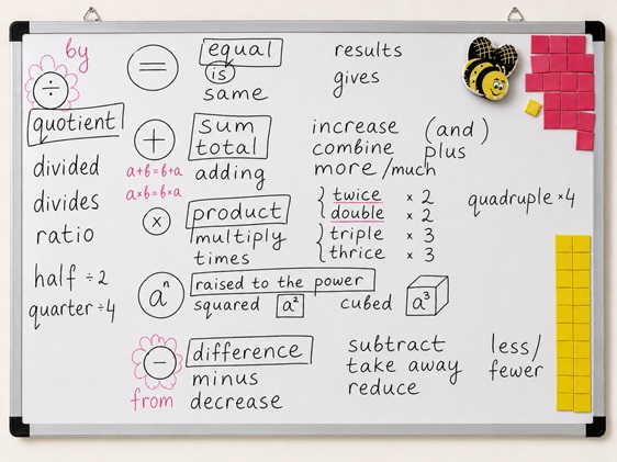 Math Vocabulary and French Immersion Учебная доска с математической терминологией и примерами для начальной и средней школы.